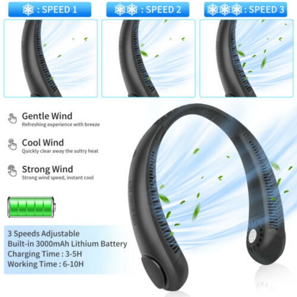 Portable Hanging Neck Sports Fan, Hand Free Neck Fan, USB Rechargeable.